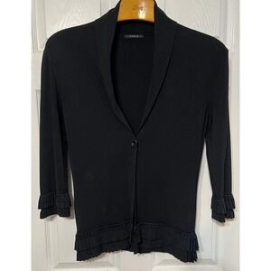Cyrus Black Cardigan Sweater Ruffle Trim 3/4 Sleeve Button Up Knit Top‎